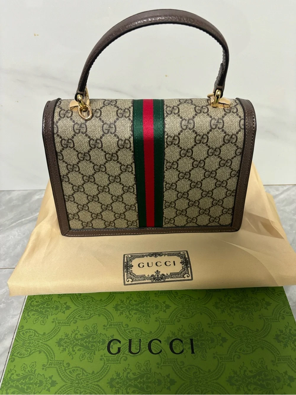 Beige GG Gucci Supreme Top Handle Satchel with Brown Trim and Green-Red Stripe